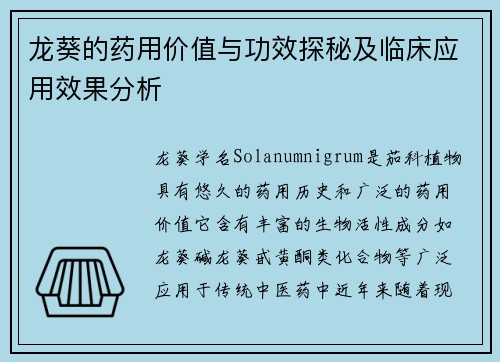 龙葵的药用价值与功效探秘及临床应用效果分析