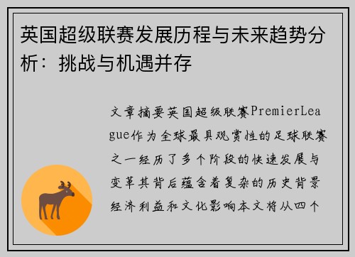 英国超级联赛发展历程与未来趋势分析：挑战与机遇并存